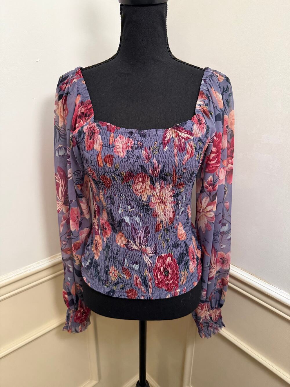 Anthropologie Rouen Smocked Floral Mesh Top Purple Balloon Sleeve Boho Blouse